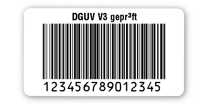 Prüfetiketten Material:Polyethylen-Folie hochglänzend weiß Größe:45x25mm Kopfzeile:"DGUV V3 geprüft" Barcode:128B Stellenanzahl:15-stellig Ausführung:1 Etikette pro Nummer Menge:1000