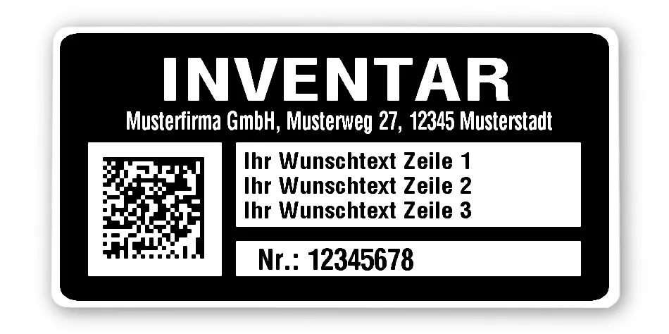 Inventaretiketten Material:Polyethylen-Folie hochglänzend weiß Größe:68x34mm Kopfzeile:"Ihr Wunschtext" Barcode:DataMatrix Stellenanzahl:8-stellig Menge:1000