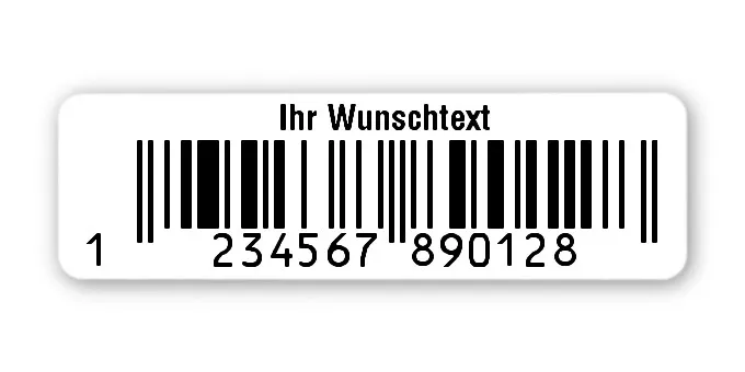 EAN Gutschein Etiketten Material:Polyethylen-Folie hochglänzend weiß Größe:50x15mm Kopfzeile:"Ihr Wunschtext" Barcode:EAN 13 Stellenanzahl:13-stellig Menge:500