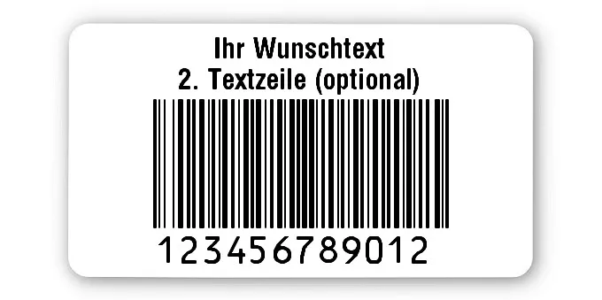 Prüfetiketten Material:Polyethylen-Folie hochglänzend weiß Größe:45x25mm Kopfzeile:"Ihr Wunschtext" Barcode:128B Stellenanzahl:12-stellig Ausführung:1 Etikette pro Nummer Menge:1000