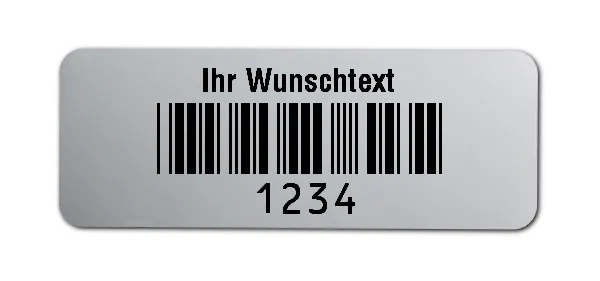 Prüfetiketten Material:Polyester-Folie Silberoptik matt Größe:40x15mm Kopfzeile:"Ihr Wunschtext" Barcode:Code 39 ohne Prüfziffer Stellenanzahl:4-stellig Ausführung:1 Etikette pro Nummer Menge:500