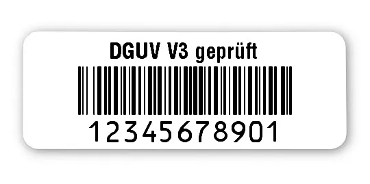 Prüfetiketten Material:Polyethylen-Folie hochglänzend weiß Größe:40x15mm Kopfzeile:"DGUV V3 geprüft" Barcode:128B Stellenanzahl:11-stellig Ausführung:1 Etikette pro Nummer Menge:500