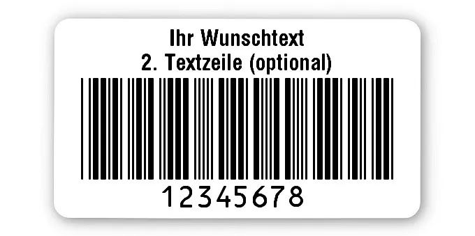 Prüfetiketten Material:Polyethylen-Folie hochglänzend weiß Größe:45x25mm Kopfzeile:"Ihr Wunschtext" Barcode:Code 39 ohne Prüfziffer Stellenanzahl:8-stellig Ausführung:1 Etikette pro Nummer Menge:1000
