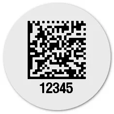 Produktbild:Universaletiketten Material:Folie weiß Größe:Ø 20mm Kopfzeile:"ohne" Barcode:DataMatrix Stellenanzahl:5-stellig Ausführung:1 Etikett pro Nummer Etiketten je Rolle:300