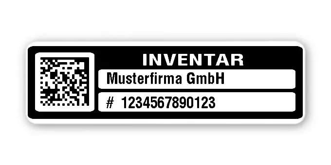 Inventaretiketten Material:Polyethylen-Folie hochglänzend weiß Größe:50x15mm Kopfzeile:"Ihr Wunschtext" Barcode:DataMatrix Stellenanzahl:13-stellig Menge:1000