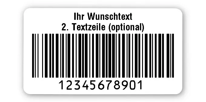 Prüfetiketten Material:Polyethylen-Folie hochglänzend weiß Größe:45x25mm Kopfzeile:"Ihr Wunschtext" Barcode:128B Stellenanzahl:11-stellig Ausführung:1 Etikette pro Nummer Menge:1000