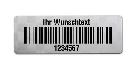 Universaletiketten Material:Siegeletikett Größe:36x13mm Kopfzeile:"Ihr Wunschtext" Barcode:128B Stellenanzahl:7-stellig Ausführung:2 Etiketten pro Nummer Etiketten je Rolle:1000