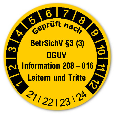 Prüfplaketten Material:Folie gelb Größe:Ø 30mm Nächste Prüfung:2021 Barcode:ohne Stellenanzahl:ohne Ausführung:1 Etikette pro Nummer Menge:500