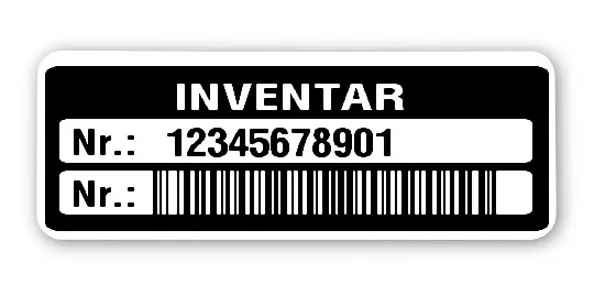 Inventaretiketten Material:Polyethylen-Folie hochglänzend weiß Größe:40x15mm Kopfzeile:"Inventar" Barcode:128B Stellenanzahl:11-stellig Menge:1000