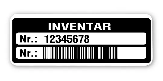 Inventaretiketten Material:Polyethylen-Folie hochglänzend weiß Größe:40x15mm Kopfzeile:"Inventar" Barcode:128B Stellenanzahl:8-stellig Menge:100