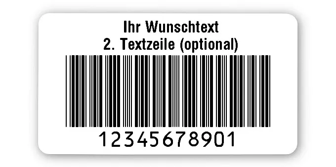 Prüfetiketten Material:Polyethylen-Folie hochglänzend weiß Größe:45x25mm Kopfzeile:"Ihr Wunschtext" Barcode:Code 39 ohne Prüfziffer Stellenanzahl:11-stellig Ausführung:1 Etikette pro Nummer Menge:1000