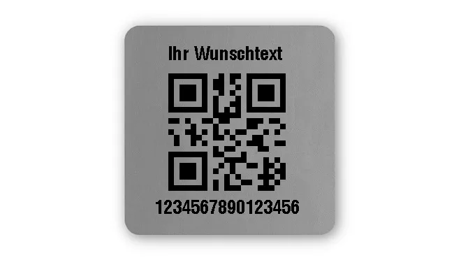 Universaletiketten Material:Polyester-Folie Silberoptik matt Größe:26x26mm Kopfzeile:"Ihr Wunschtext" Barcode:QR Stellenanzahl:16-stellig Ausführung:1 Etikette pro Nummer Menge:100