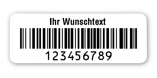 Prüfetiketten Material:Polyethylen-Folie hochglänzend weiß Größe:40x15mm Kopfzeile:"Ihr Wunschtext" Barcode:128B Stellenanzahl:9-stellig Ausführung:1 Etikette pro Nummer Menge:1000