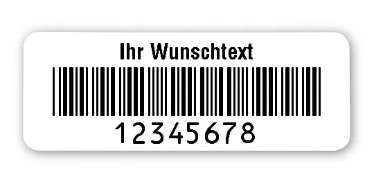 Prüfetiketten Material:Polyethylen-Folie hochglänzend weiß Größe:40x15mm Kopfzeile:"Ihr Wunschtext" Barcode:Code 39 ohne Prüfziffer Stellenanzahl:8-stellig Ausführung:1 Etikette pro Nummer Menge:1000