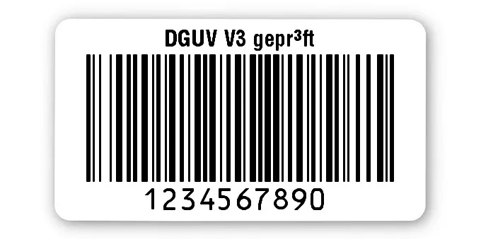 Prüfetiketten Material:Polyethylen-Folie hochglänzend weiß Größe:45x25mm Kopfzeile:"DGUV V3 geprüft" Barcode:128B Stellenanzahl:10-stellig Ausführung:1 Etikette pro Nummer Menge:1000