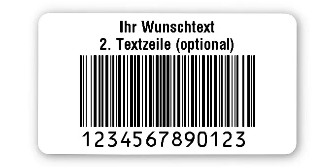 Prüfetiketten Material:Polyethylen-Folie hochglänzend weiß Größe:45x25mm Kopfzeile:"Ihr Wunschtext" Barcode:128B Stellenanzahl:13-stellig Ausführung:1 Etikette pro Nummer Menge:1000