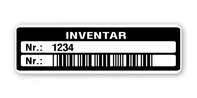 Inventaretiketten Material:Polyethylen-Folie hochglänzend weiß Größe:50x15mm Kopfzeile:"Inventar" Barcode:Code 39 ohne Prüfziffer Stellenanzahl:4-stellig Menge:100