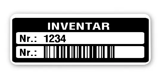 Inventaretiketten Material:Polyethylen-Folie hochglänzend weiß Größe:40x15mm Kopfzeile:"Inventar" Barcode:128B Stellenanzahl:4-stellig Menge:500