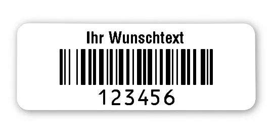 Universaletiketten Material:Folie hochglänzend weiß Größe:40x15mm Kopfzeile:"Ihr Wunschtext" Barcode:128B Stellenanzahl:6-stellig Ausführung:3 Etiketten pro Nummer Menge:300