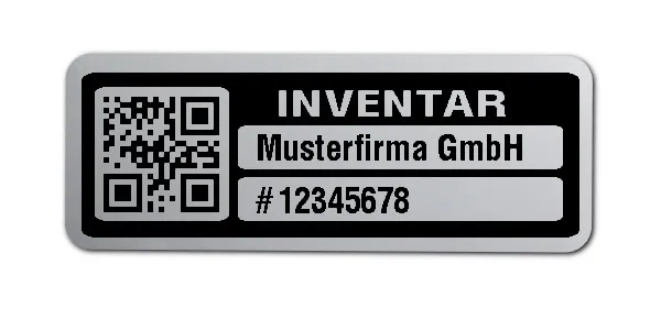 Inventaretiketten Material:Polyester-Folie Silberoptik matt Größe:40x15mm Kopfzeile:"Ihr Wunschtext" Barcode:QR Stellenanzahl:8-stellig Menge:1000
