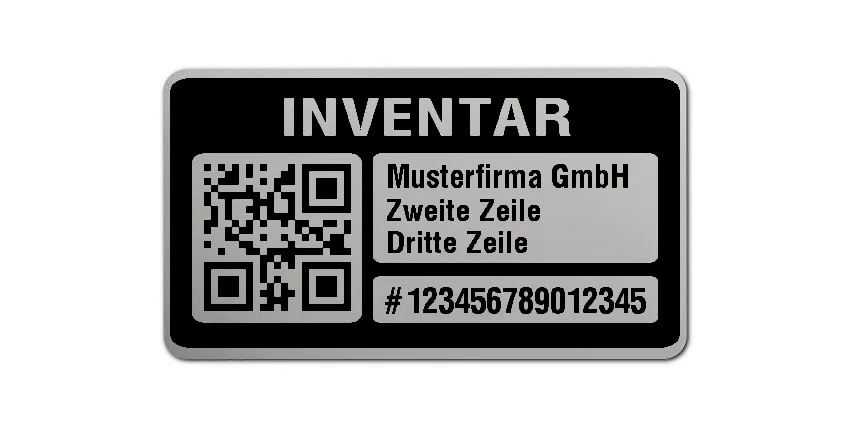 Inventaretiketten Material:Polyester-Folie Silberoptik matt Größe:45x25mm Kopfzeile:"Ihr Wunschtext" Barcode:QR Stellenanzahl:15-stellig Menge:100