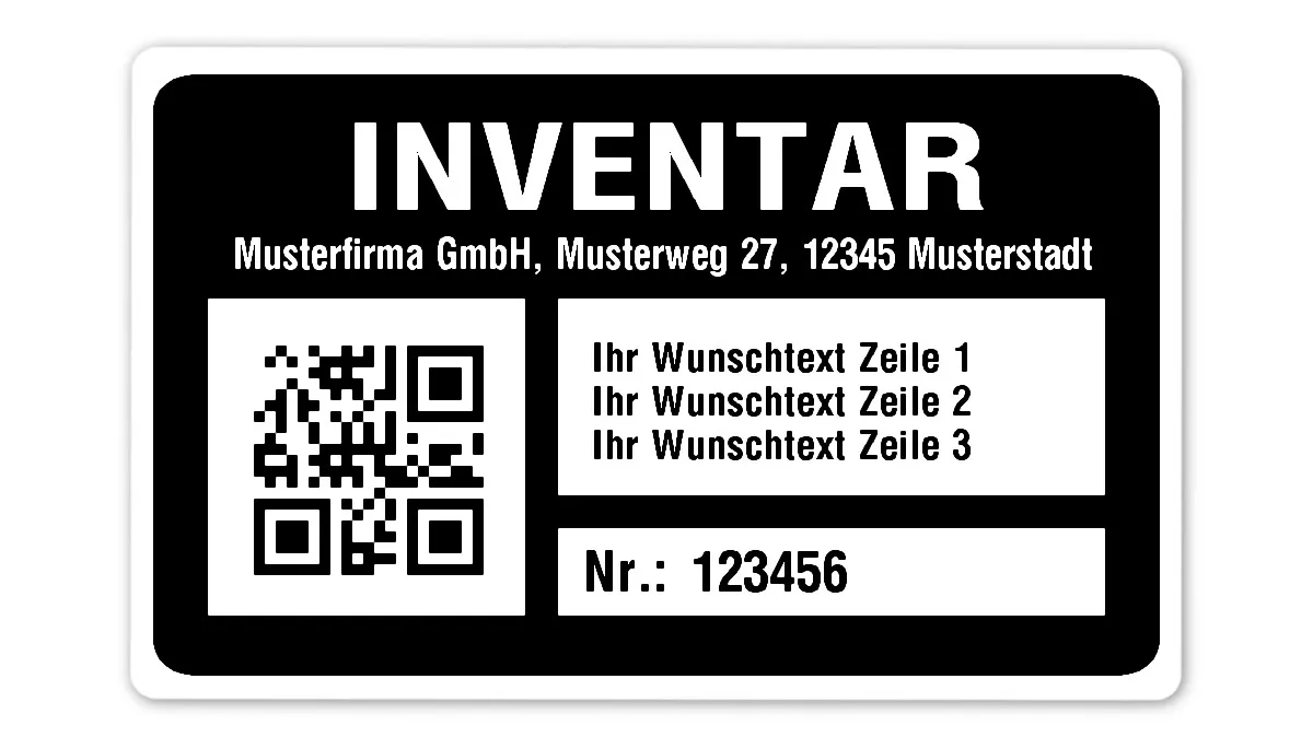 Inventaretiketten Material:Polyethylen-Folie hochglänzend weiß Größe:80x50mm Kopfzeile:"Ihr Wunschtext" Barcode:QR Stellenanzahl:6-stellig Menge:500