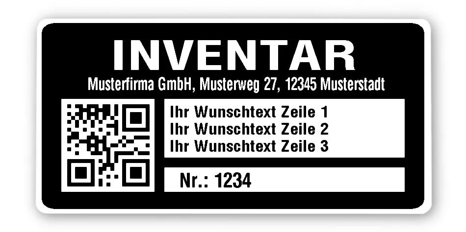 Inventaretiketten Material:Polyethylen-Folie hochglänzend weiß Größe:68x34mm Kopfzeile:"Ihr Wunschtext" Barcode:QR Stellenanzahl:4-stellig Menge:500