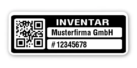 Inventaretiketten Material:Polyethylen-Folie hochglänzend weiß Größe:40x15mm Kopfzeile:"Ihr Wunschtext" Barcode:QR Stellenanzahl:8-stellig Menge:500