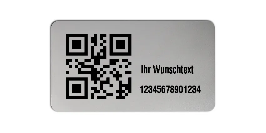 Inventaretiketten Universal Material:Polyester-Folie Silberoptik matt Größe:45x25mm Kopfzeile:"Ihr Wunschtext" Barcode:QR Stellenanzahl:14-stellig Menge:500