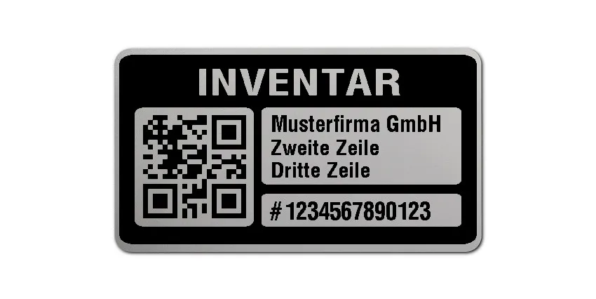 Inventaretiketten Material:Polyester-Folie Silberoptik matt Größe:45x25mm Kopfzeile:"Ihr Wunschtext" Barcode:QR Stellenanzahl:13-stellig Menge:500