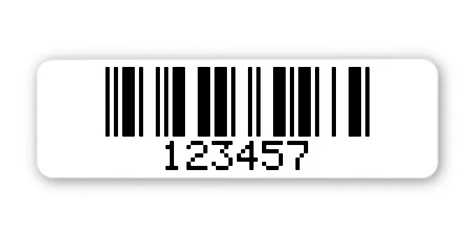 Archivierungsetiketten Material:Polyethylen-Folie hochglänzend weiß Größe:50x15mm Kopfzeile:"ohne" Barcode:2a5 mit Prüfziffer Stellenanzahl:6-stellig Menge:1000