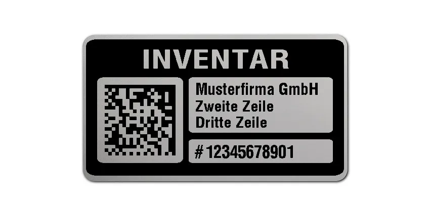 Inventaretiketten Material:Polyester-Folie Silberoptik matt Größe:45x25mm Kopfzeile:"Ihr Wunschtext" Barcode:DataMatrix Stellenanzahl:11-stellig Menge:500