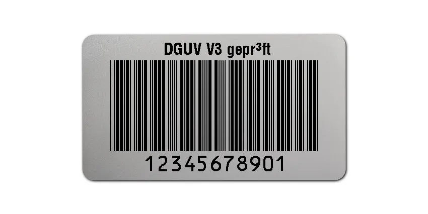Prüfetiketten Material:Polyester-Folie Silberoptik matt Größe:45x25mm Kopfzeile:"DGUV V3 geprüft" Barcode:Code 39 ohne Prüfziffer Stellenanzahl:11-stellig Ausführung:1 Etikette pro Nummer Menge:500