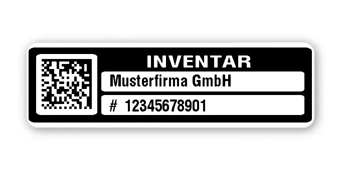 Inventaretiketten Material:Polyethylen-Folie hochglänzend weiß Größe:50x15mm Kopfzeile:"Ihr Wunschtext" Barcode:DataMatrix Stellenanzahl:11-stellig Menge:100