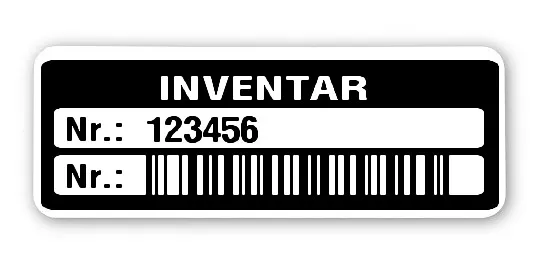 Inventaretiketten Material:Polyethylen-Folie hochglänzend weiß Größe:40x15mm Kopfzeile:"Inventar" Barcode:128B Stellenanzahl:6-stellig Menge:100