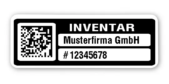 Inventaretiketten Material:Polyethylen-Folie hochglänzend weiß Größe:40x15mm Kopfzeile:"Ihr Wunschtext" Barcode:DataMatrix Stellenanzahl:8-stellig Menge:1000