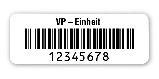 Inventaretiketten Universal Material:Polyethylen-Folie hochglänzend weiß Größe:40x15mm Kopfzeile:"Ihr Wunschtext" Barcode:128B Stellenanzahl:8-stellig Ausführung:2 Etiketten pro Nummer Menge:1000