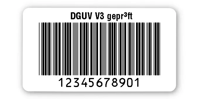 Prüfetiketten Material:Polyethylen-Folie hochglänzend weiß Größe:45x25mm Kopfzeile:"DGUV V3 geprüft" Barcode:Code 39 ohne Prüfziffer Stellenanzahl:11-stellig Ausführung:1 Etikette pro Nummer Menge:1000