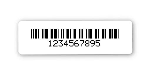 Universaletiketten Material:Polyethylen-Folie hochglänzend weiß Größe:31x9mm Kopfzeile:"ohne" Barcode:2a5 mit Prüfziffer Stellenanzahl:10-stellig Ausführung:1 Etikette pro Nummer Menge:100