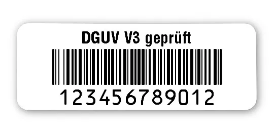 Prüfetiketten Material:Polyethylen-Folie hochglänzend weiß Größe:40x15mm Kopfzeile:"DGUV V3 geprüft" Barcode:128B Stellenanzahl:12-stellig Ausführung:1 Etikette pro Nummer Menge:500