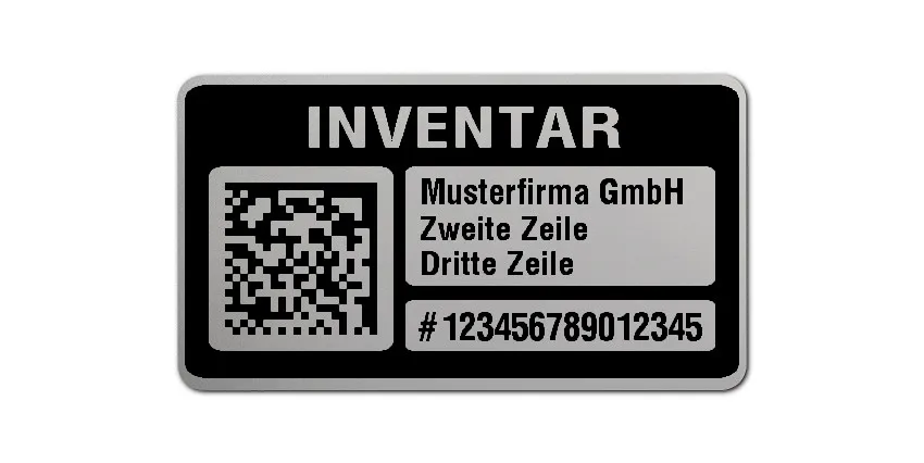 Inventaretiketten Material:Polyester-Folie Silberoptik matt Größe:45x25mm Kopfzeile:"Ihr Wunschtext" Barcode:DataMatrix Stellenanzahl:15-stellig Menge:500