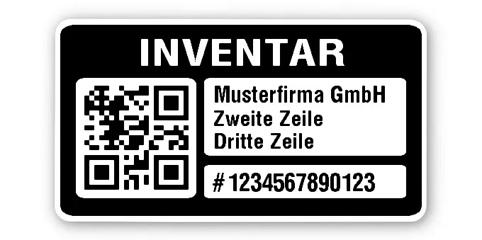 Inventaretiketten Material:Polyethylen-Folie hochglänzend weiß Größe:45x25mm Kopfzeile:"Ihr Wunschtext" Barcode:QR Stellenanzahl:13-stellig Menge:500