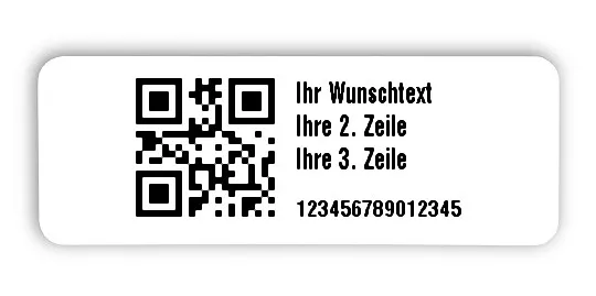 Universaletiketten Material:Thermopapier Größe:40x15mm Kopfzeile:"Ihr Wunschtext" Barcode:QR Stellenanzahl:15-stellig Ausführung:3 Etiketten pro Nummer Menge:300