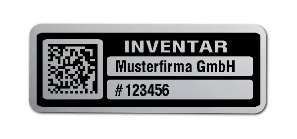 Inventaretiketten Material:Polyester-Folie Silberoptik matt Größe:40x15mm Kopfzeile:"Ihr Wunschtext" Barcode:DataMatrix Stellenanzahl:6-stellig Menge:100