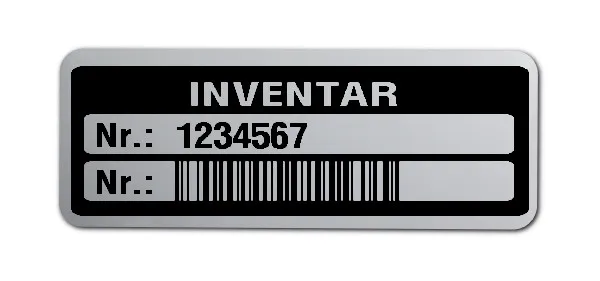 Inventaretiketten Material:Polyester-Folie Silberoptik matt Größe:40x15mm Kopfzeile:"Inventar" Barcode:128B Stellenanzahl:7-stellig Menge:100