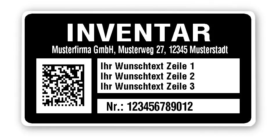 Inventaretiketten Material:Polyethylen-Folie hochglänzend weiß Größe:68x34mm Kopfzeile:"Ihr Wunschtext" Barcode:DataMatrix Stellenanzahl:12-stellig Menge:100