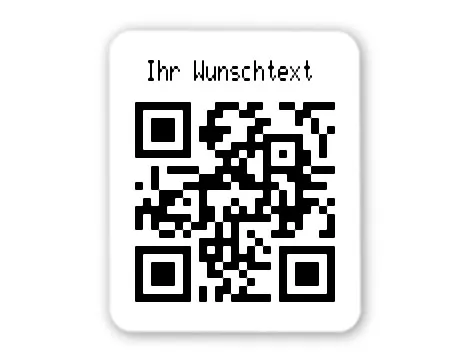 Universaletiketten Material:Folie hochglänzend weiß Größe:26x22mm Kopfzeile:"Ihr Wunschtext" Barcode:QR Stellenanzahl:Webadresse Sonderetikett:Ohne Klartext Etiketten je Rolle:1000