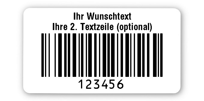 Universaletiketten Material:Thermopapier Größe:45x25mm Kopfzeile:"Ihr Wunschtext" Barcode:128B Stellenanzahl:6-stellig Ausführung:2 Etiketten pro Nummer Menge:1000