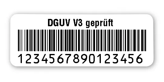 Prüfetiketten Material:Polyethylen-Folie hochglänzend weiß Größe:40x15mm Kopfzeile:"DGUV V3 geprüft" Barcode:128B Stellenanzahl:16-stellig Ausführung:1 Etikette pro Nummer Menge:500