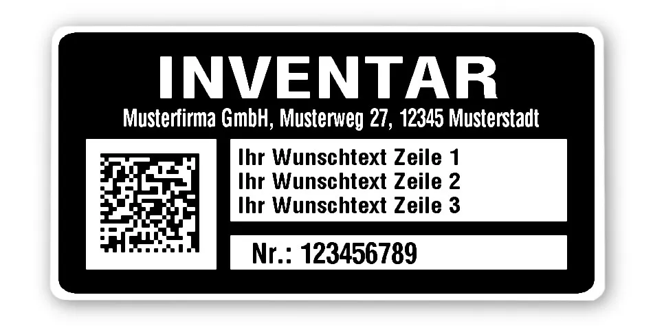 Inventaretiketten Material:Polyethylen-Folie hochglänzend weiß Größe:68x34mm Kopfzeile:"Ihr Wunschtext" Barcode:DataMatrix Stellenanzahl:9-stellig Menge:500